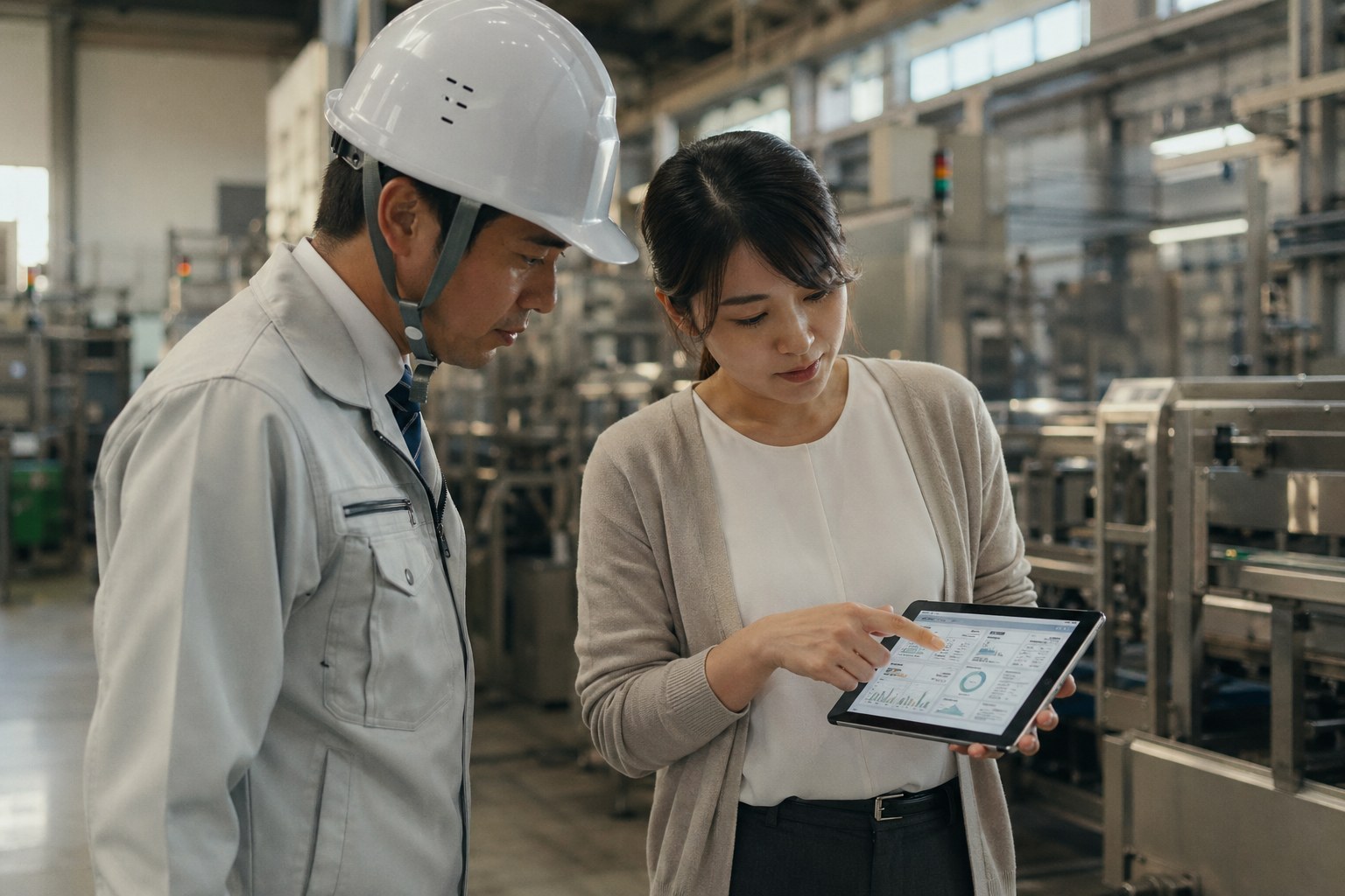 工場現場でタブレットを使い協働するエンジニアと技術者