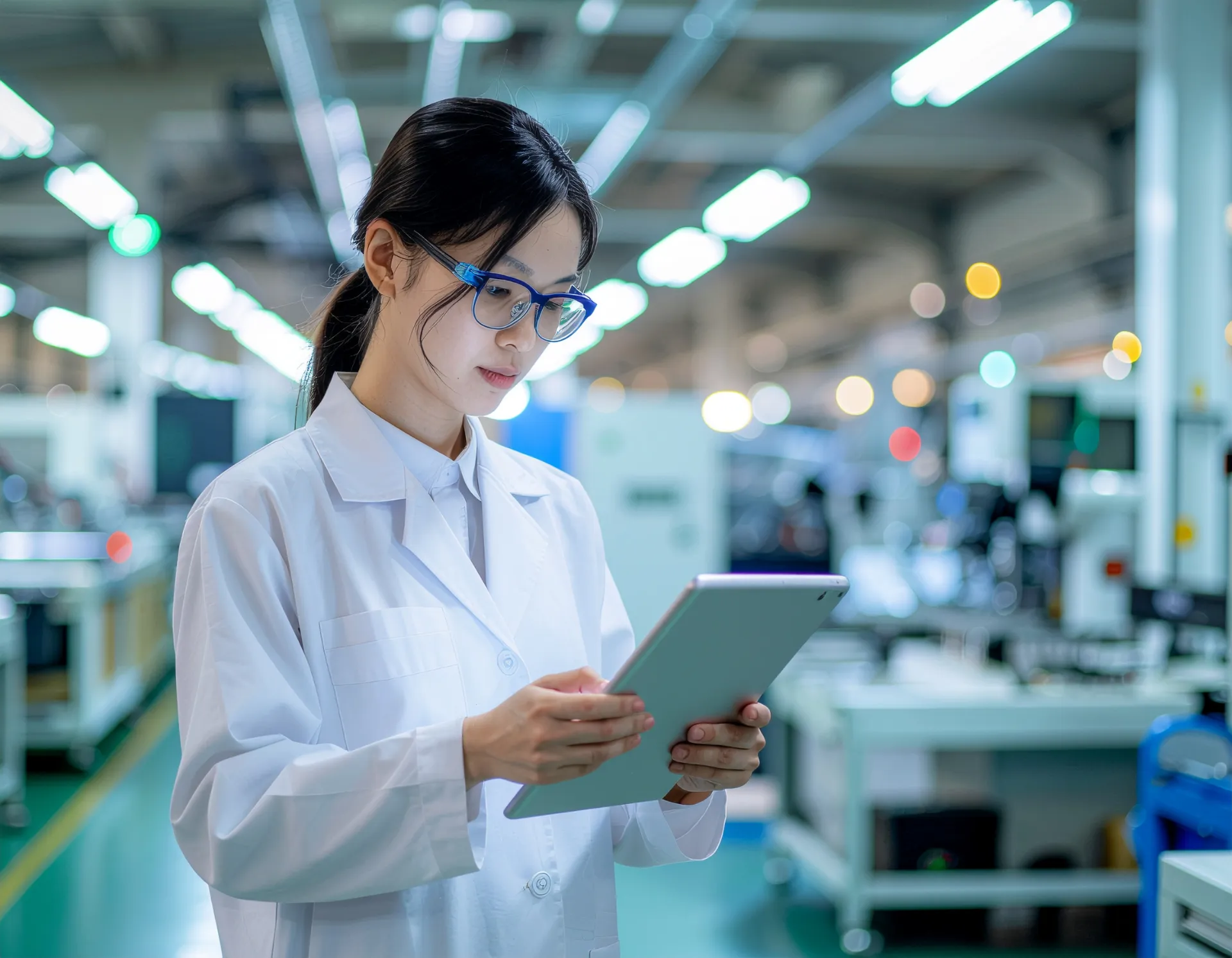 製造工場でタブレットを確認する品質管理スタッフ