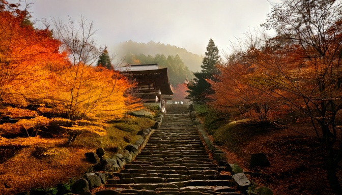 秋の山寺と紅葉の風景
